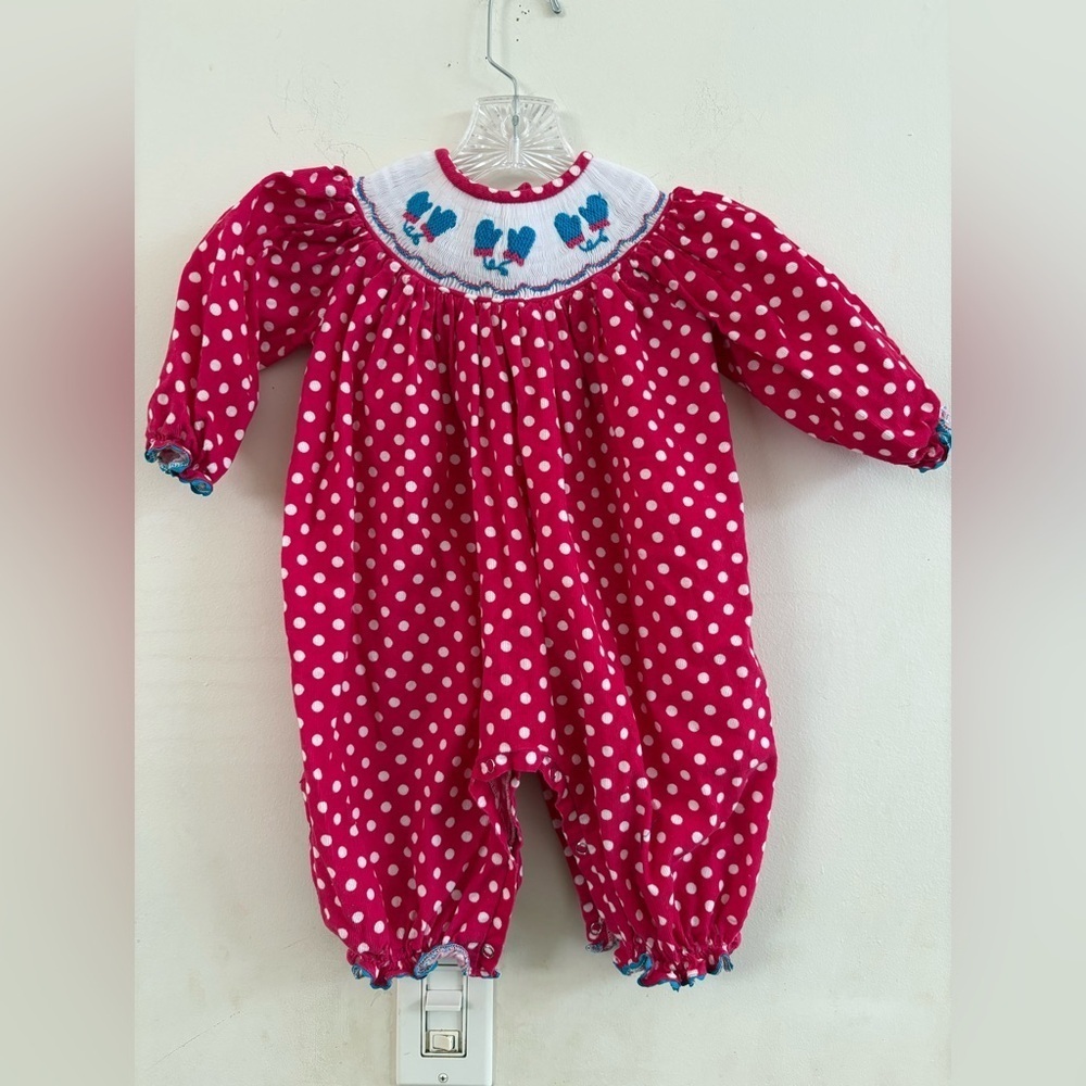 3 PINK PIGS SMOCKED POLKA DOT EMBROIDERED WINTER MITTENS BUBBLE ROMPER 16 M